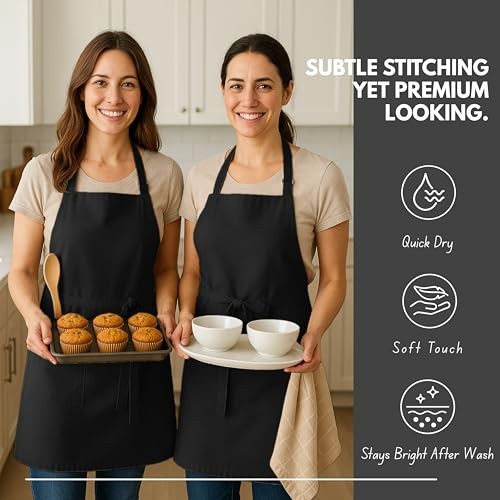 Kitchen Apron 2 Pack - 100% Cotton Adjustable, Durable Apron with Black