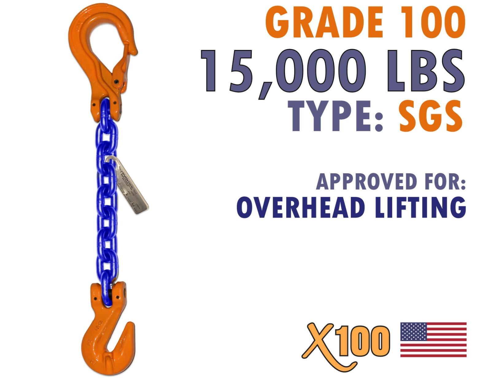 1/2" Grade 100 Chain Sling 10 FT Lifting Rated Tagged Overhead 15,000 LBS