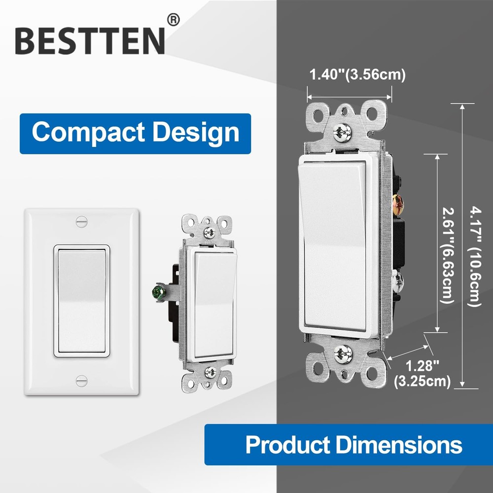 BESTTEN 10 Pack Single Pole Decorator Light Switch with Pole, white