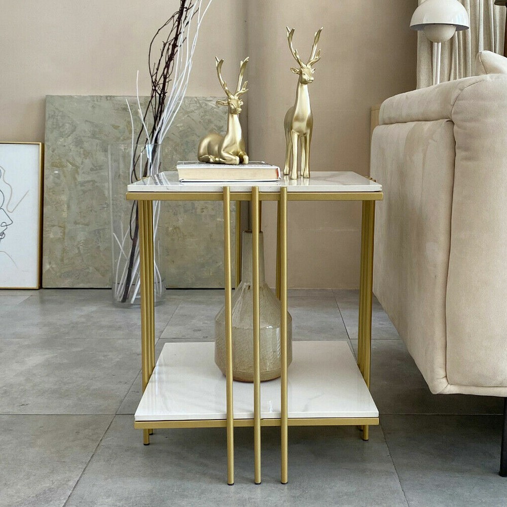 Double Tier Marble Sofa End Table Bedside Tables Storage Nesting Table Furniture