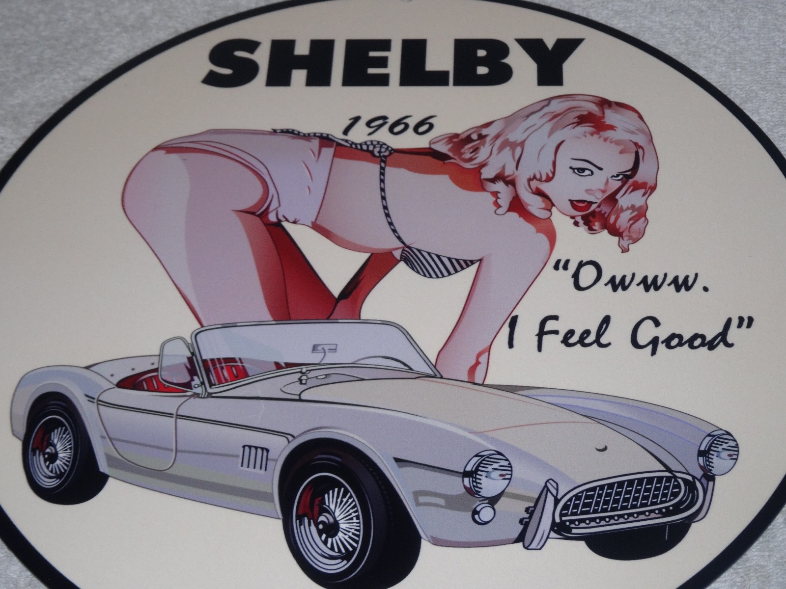 VINTAGE 1966 FORD SHELBY COBRA SPORTS CAR & WOMAN 12" METAL GASOLINE & OIL SIGN!