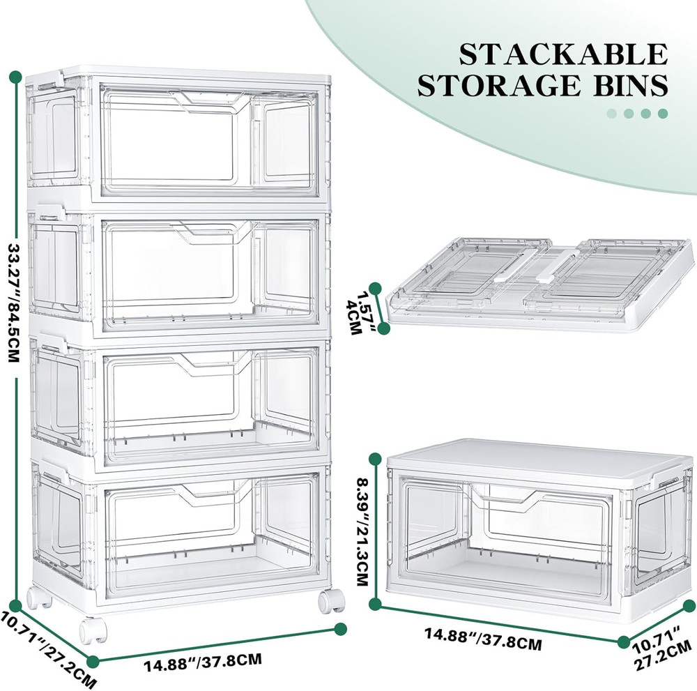 Clear Storage Bins with Lids - 4 Tier Plastic Bins with Wheels, Stackable Storag