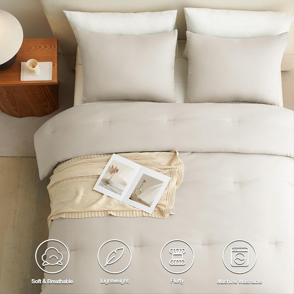 Beige Queen Comforter Set, 3 Pieces Boho Solid Breathable Quilted Style Beddi...