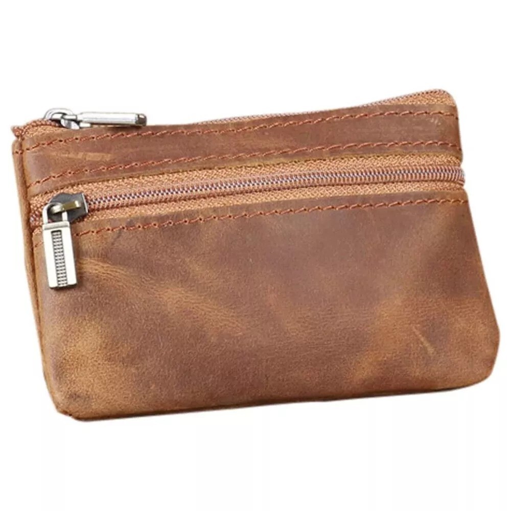 Brown Genuine Leather Small Coin Holder Change Purse Zipper Key Card Wallet