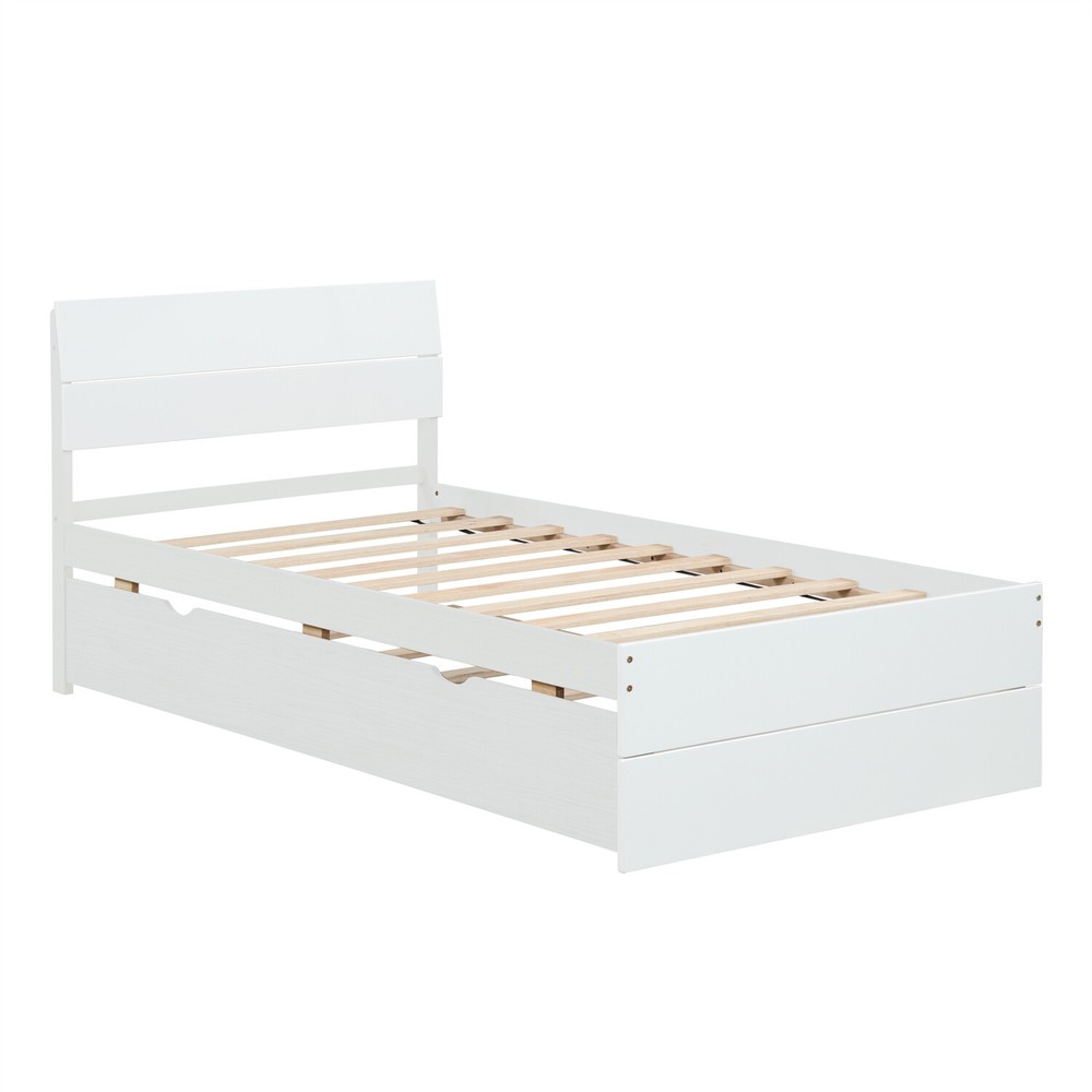 Twin Size Bed Frame Wood Platform Bed Frame w/ Headboard & Pull Out Trundle