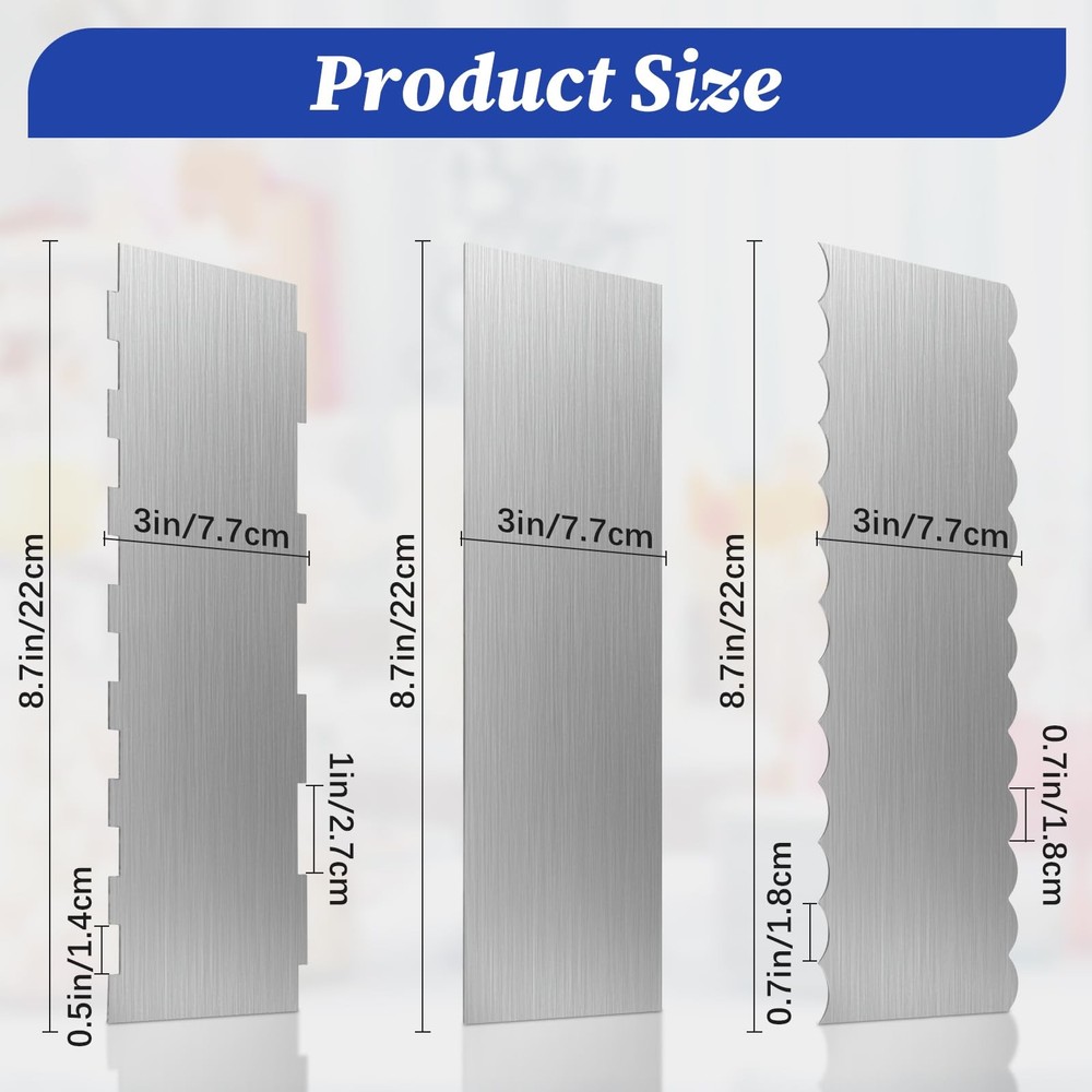 3 Pcs Stainless Steel Cake Scraper, 8.6-inch Double Sided Patterned Edge Stri...