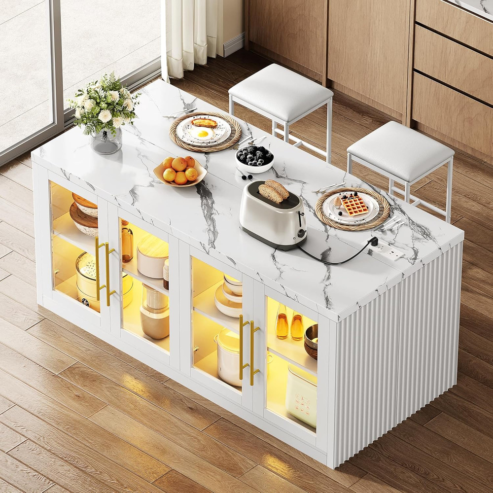 Large Kitchen Island with Storage & LED Light, Rolling Breakfast Bar Table