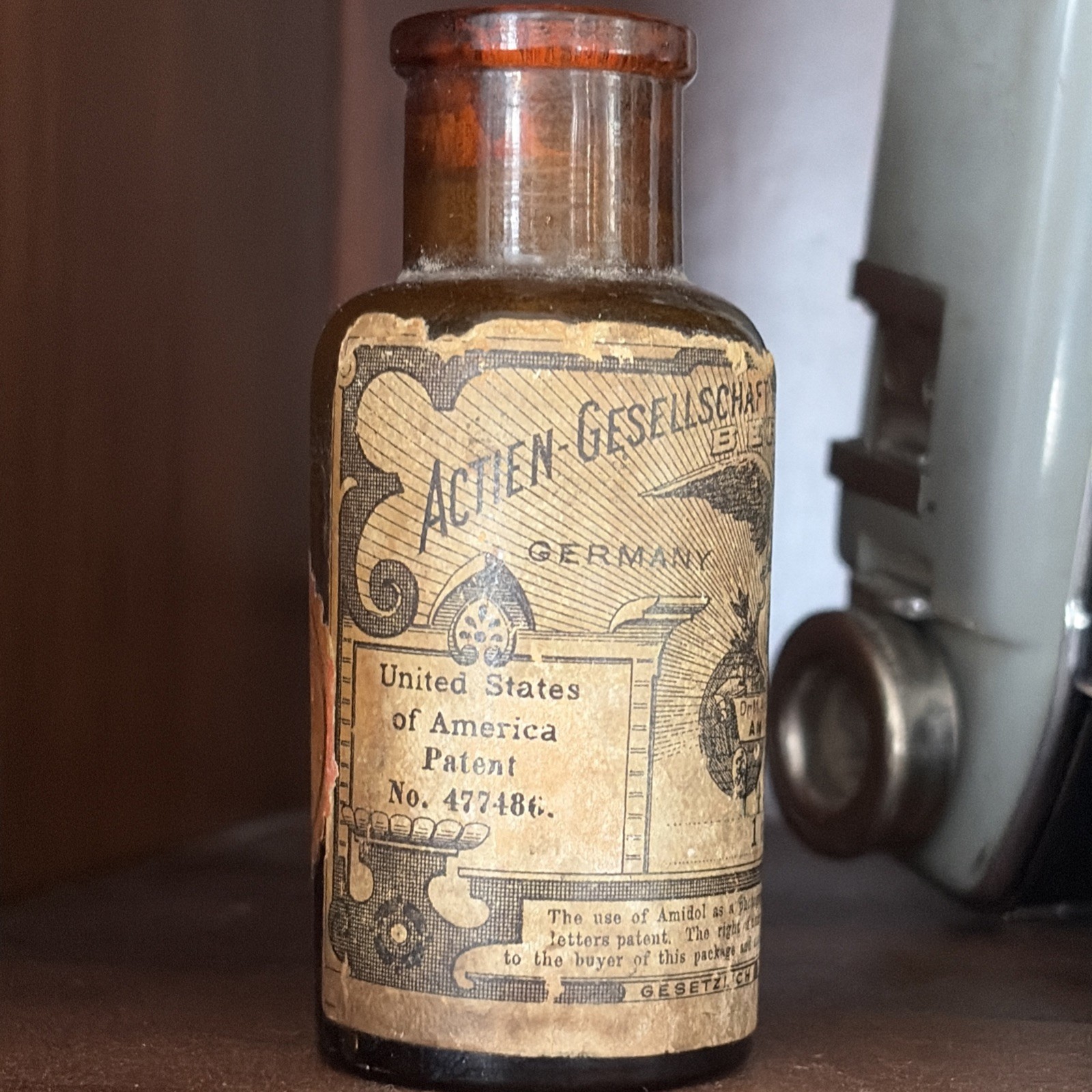 Antique Brown Bottle w Cork Photography Camera Amidol Solution GERMANY US PATENT