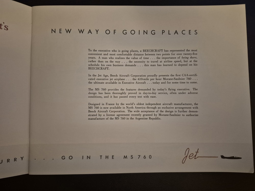 Original Beechcraft MS760 Brochure Will Be Professionally Packaged