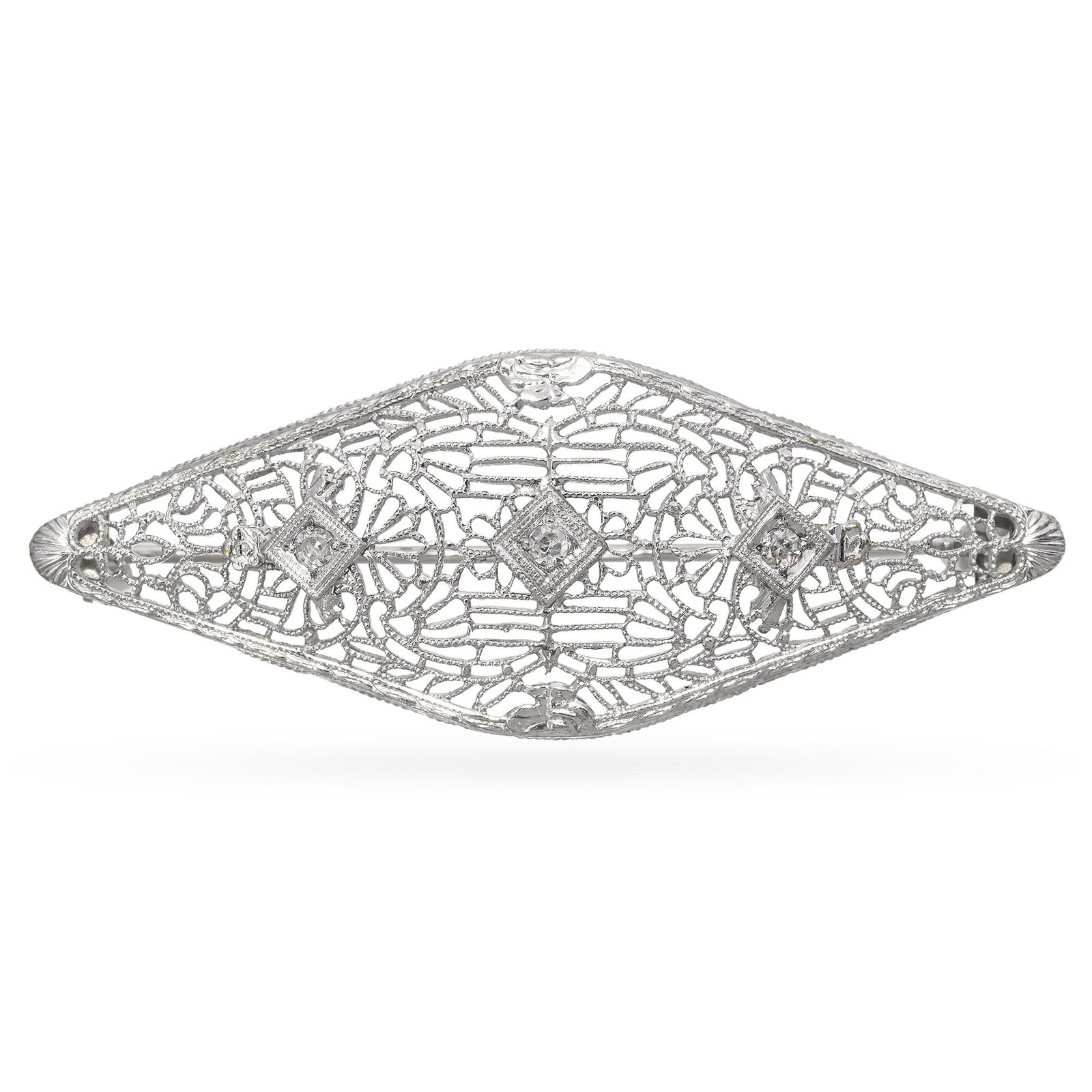 Vintage Art Deco 10K White Gold Old Mine Cut Diamond Filigree Brooch