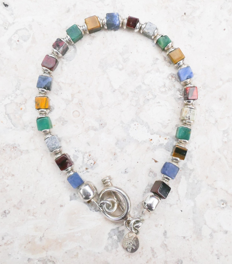 Silpada Sterling Silver Multi-Gemstone Cube Bead Bracelet 7.75" Toggle B0817