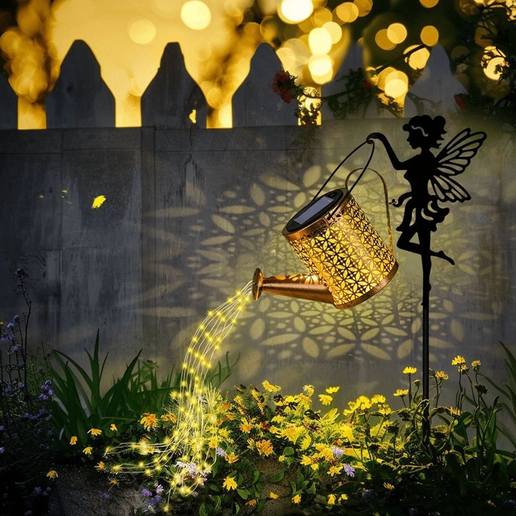 LED Solar Watering Can Lights Waterproof Garden Deco Metal Outdoor Light