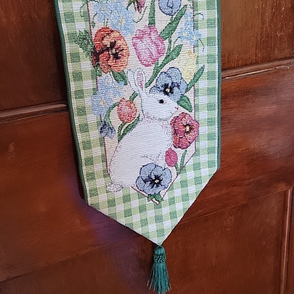 VTG Garden Gathering Bell Pull Tapestry Needlepoint Wall Hanging Spring 9" × 41"