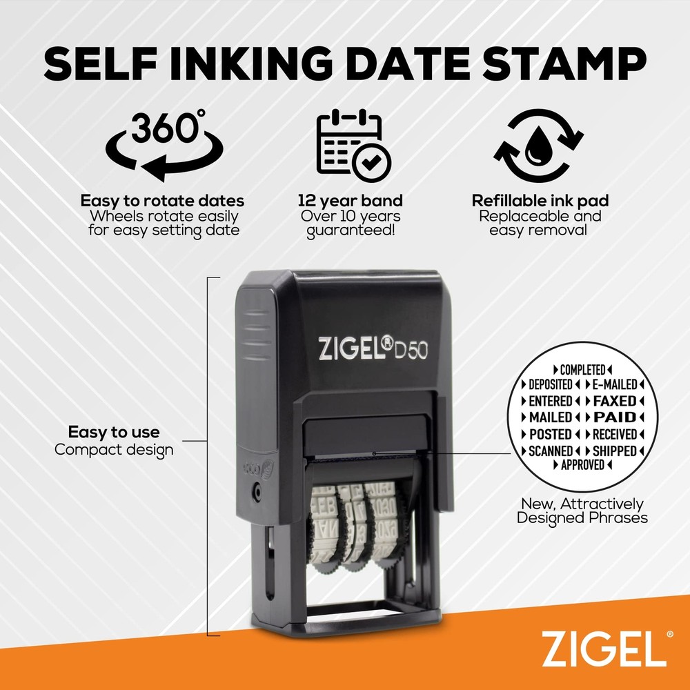 D50 Self-Inking Date Stamp RECEIVED Phrase Red Ink Office Essential