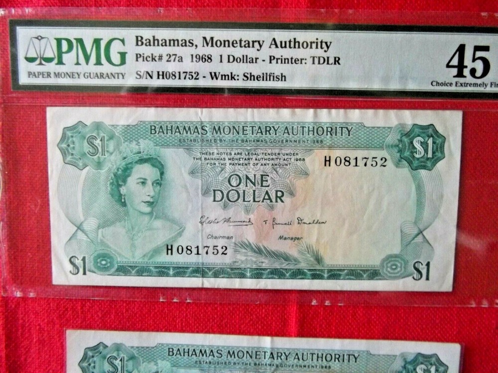 Bahamas $1 Dollar 1968 PMG 45 + another 2 same BONUS note bill