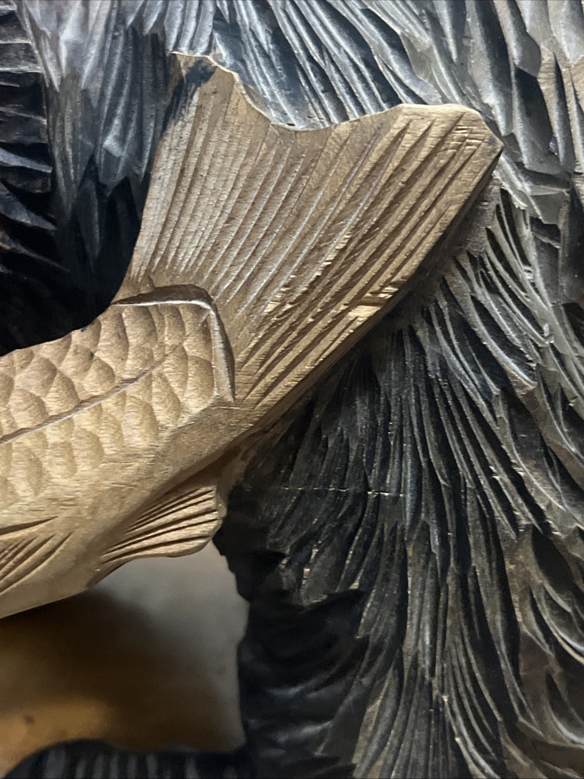 Japanese Style 13” W x 7” L x 9” T Wooden Ainu Bear With Salmon Statue With Base