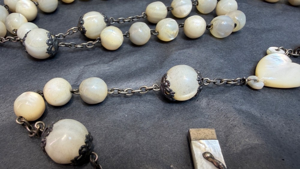 Victorian Big Rosary Filigree Silver MOP Mother Of Pearl Communion 2'' Crucifix