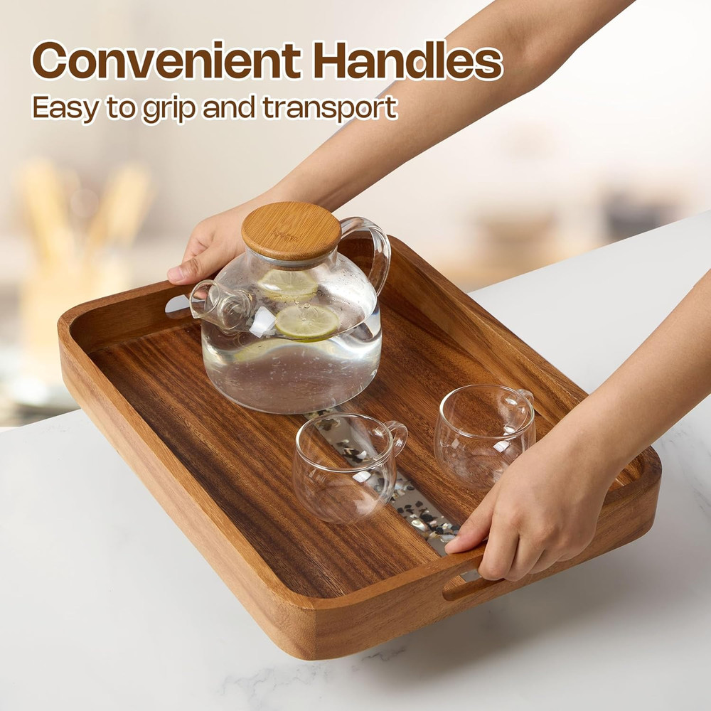 Acacia Wood Serving Tray with Handles - Rectangular Decorative Ottoman Tray for