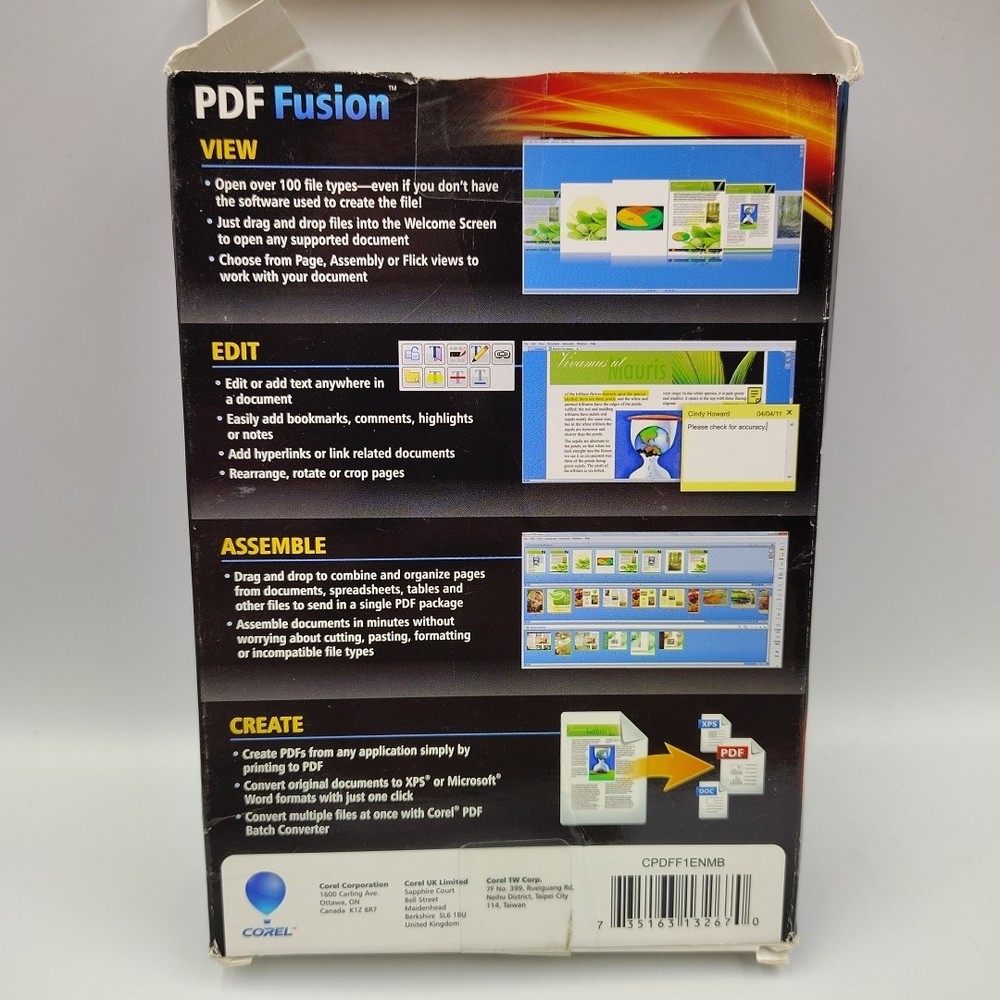 Corel PDF Fusion Software Disc w/Serial Number 2011 Version CPDFF1ENMB