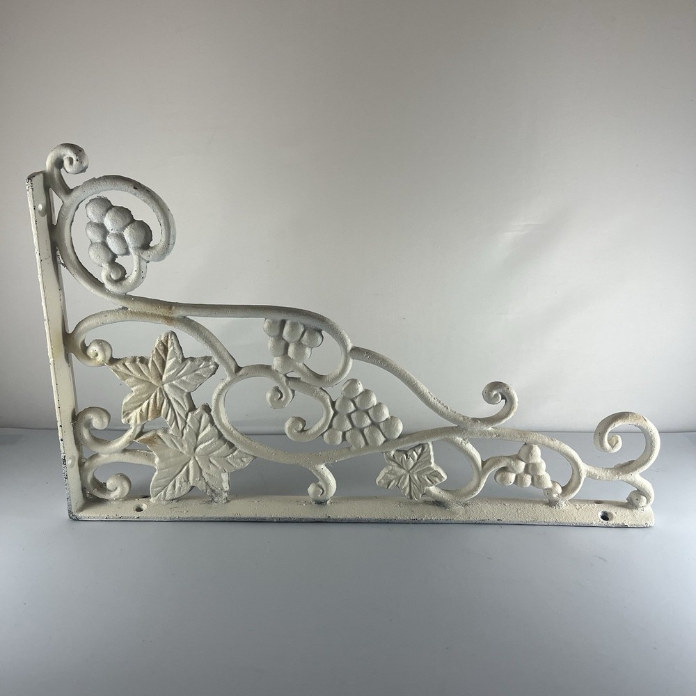 Vintage White Cast Iron Grape Leaf Scroll 13in Basket Hook Angle Corner Bracket