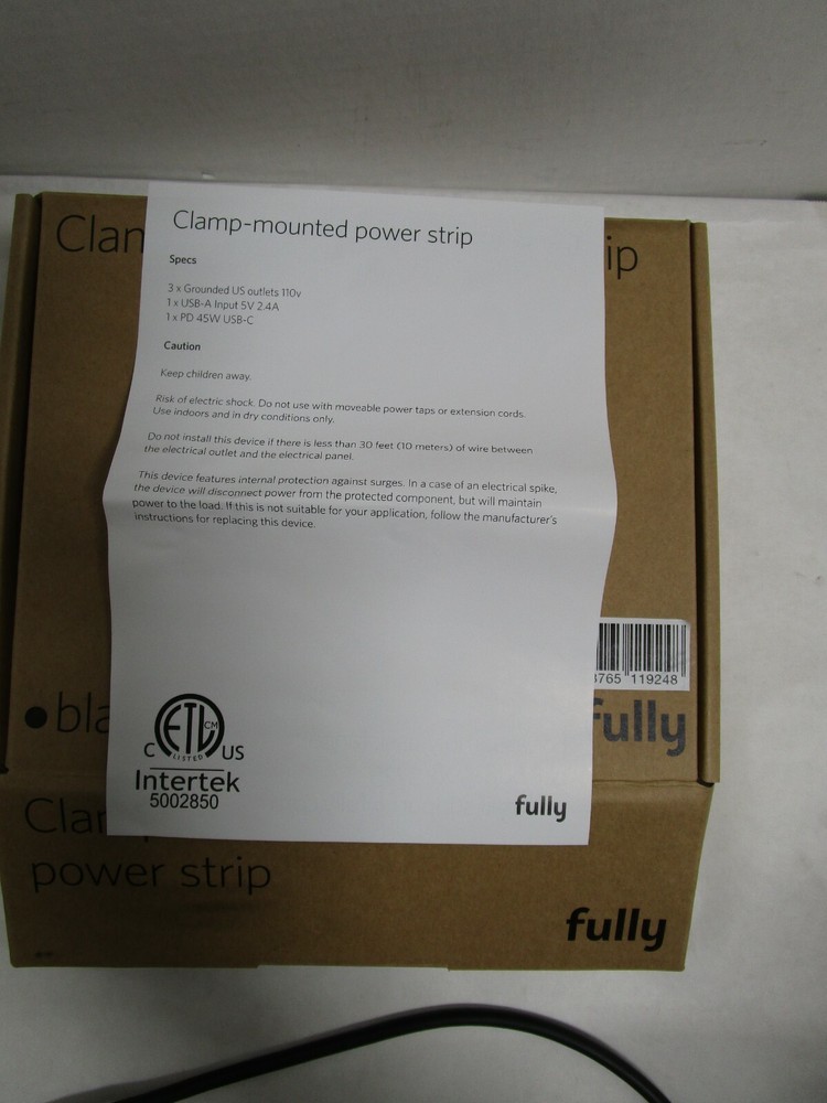 FULLY INTERTEK CLAMP MOUNTED POWER STRIP 3-US OUTLETS 1-USB 1-USB-C NEW