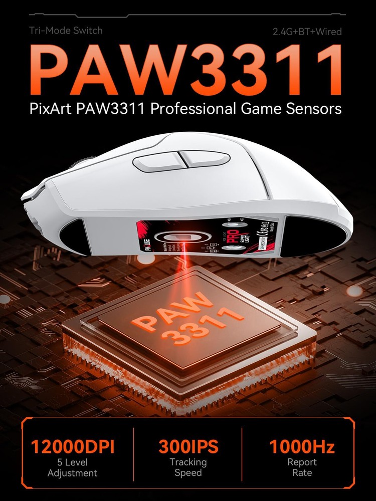 White Wireless Gaming Mouse Tri Mode 2.4G/Bluetooth/Wired PAW3311 Sensor 1200...