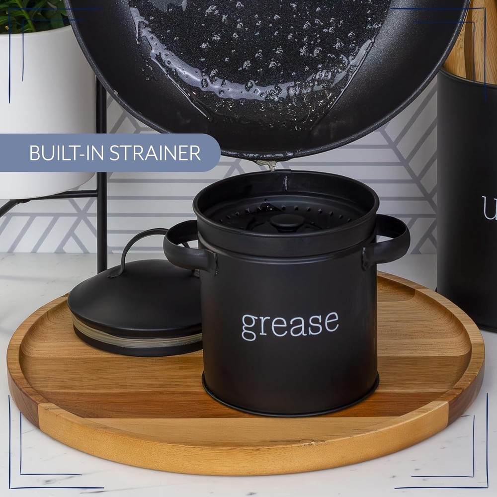 Practical Black Enamel Grease Container w/Strainer - Essential Kitchen Accessory