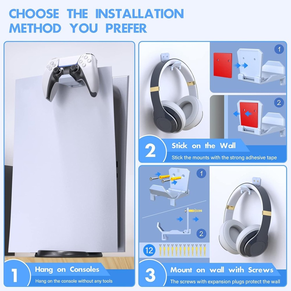 Wall Mount Holder for PS5 Pro/Slim and Switch Controllers Holder, White, 6 Pack