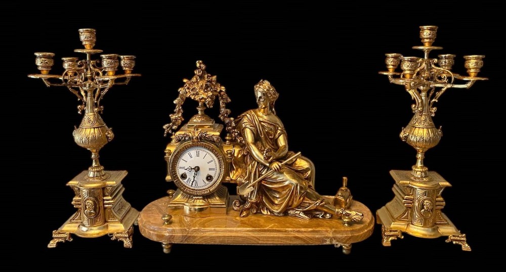 Empire Triptych Gilded Bronze Marble Base Clock and Candlesticks