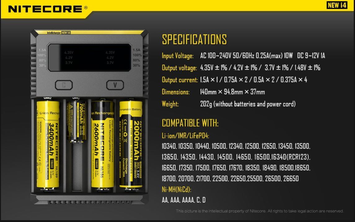 Nitecore i4 Intellicharger Universal Li-ion Ni-MH Ni-Cd Battery Charger 1.5v 3.7