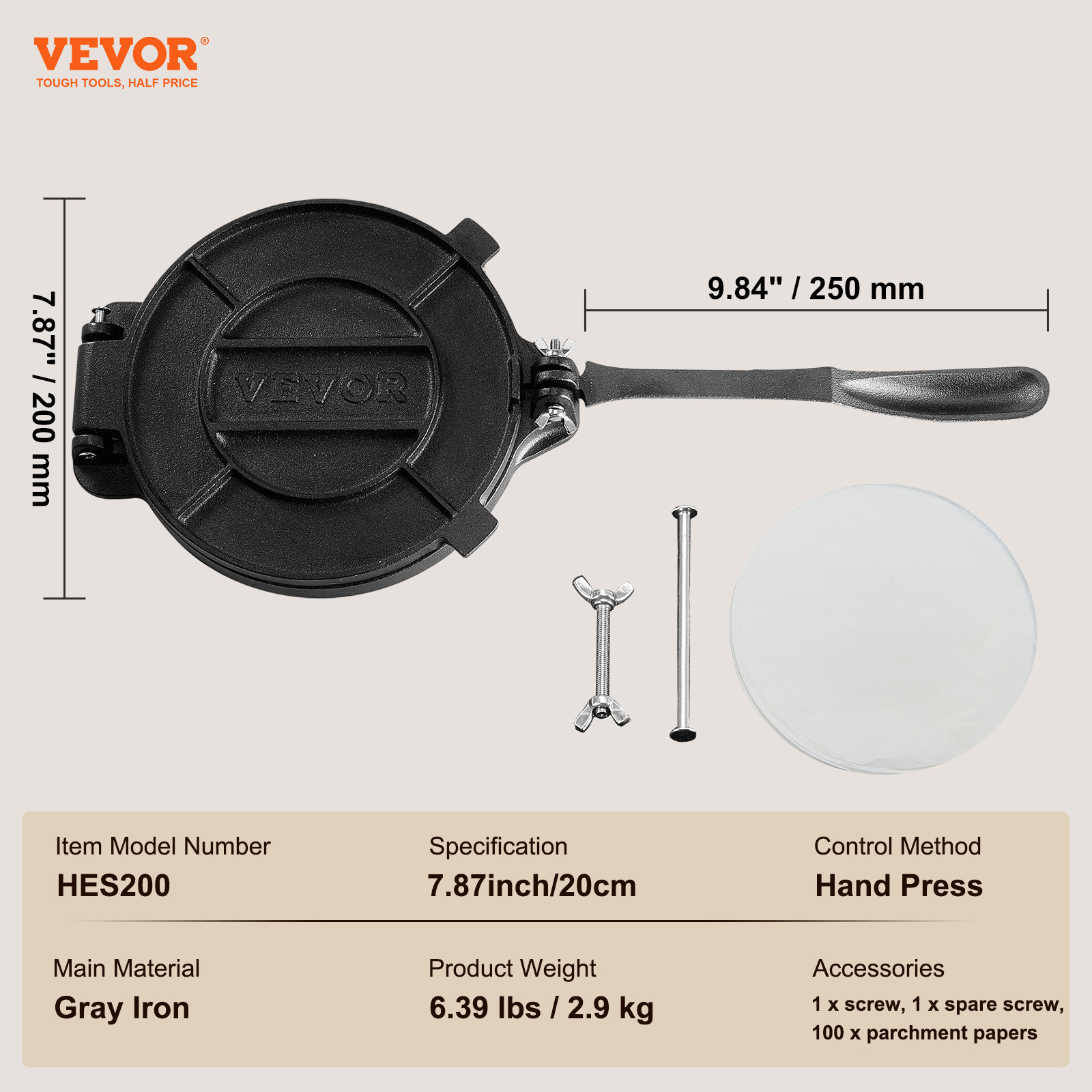 VEVOR 8 Inch Tortilla Press Chapati Maker Roti Dough Maker Heavy Duty Cast Iron