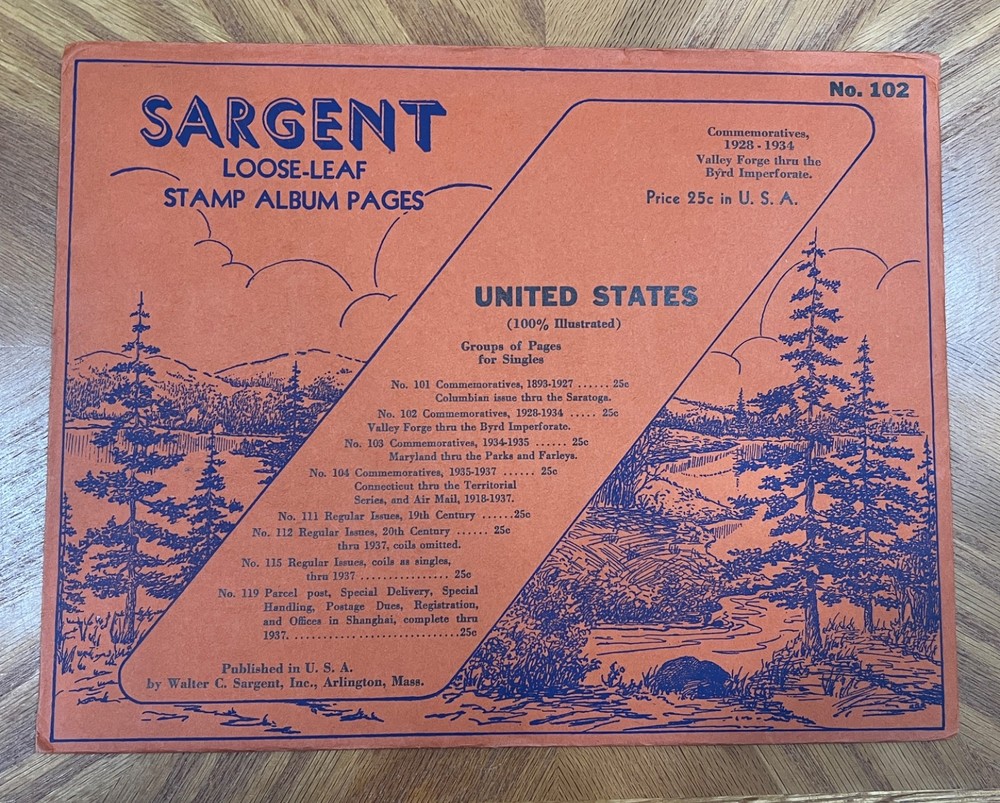 VINTAGE SARGENT LOOSE LEAF STAMP ALBUM PAGES #102 US COMMEMORATIVES, 1928-34