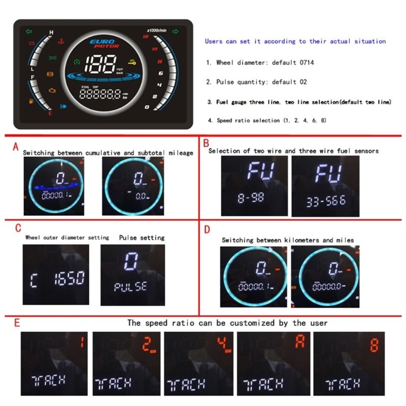 Weatherproof Motorcycle LED Dashboard Speedometer Tachometer Odometer Sensor