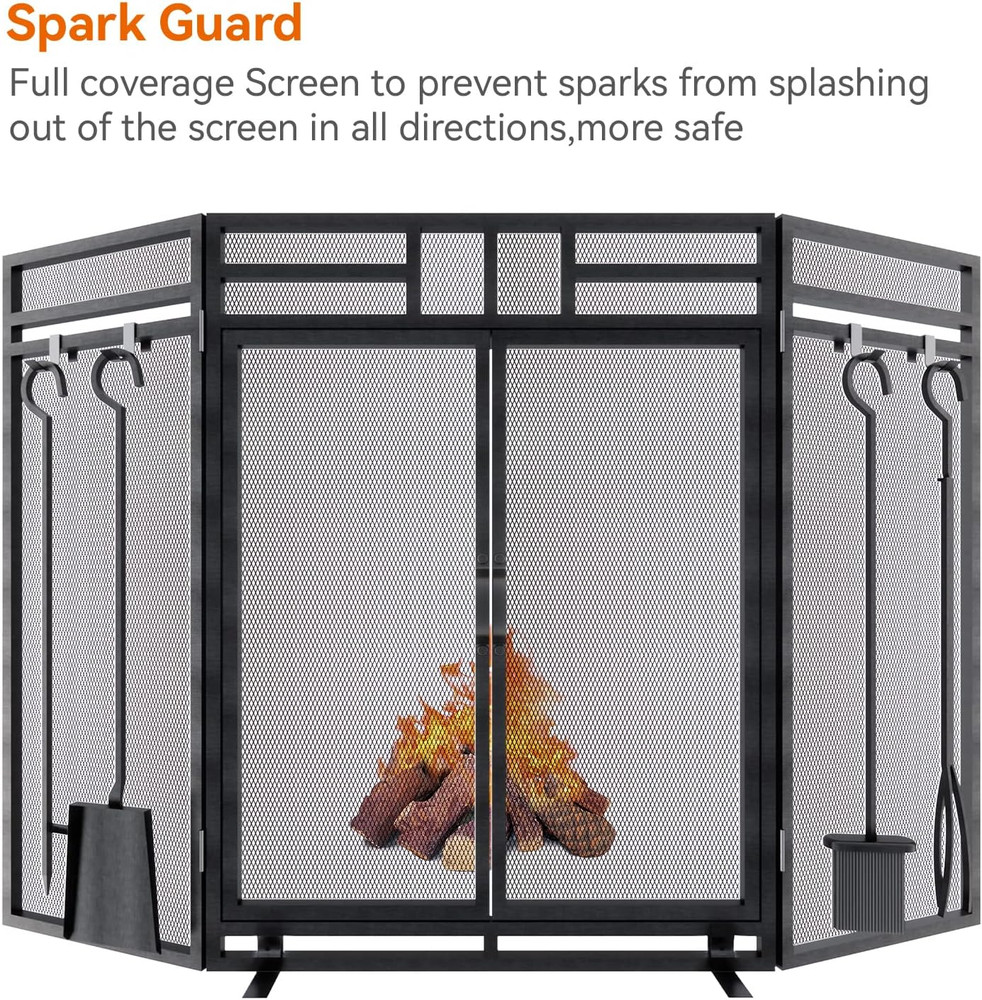 Fireplace Screen with Doors and Tools Set,3 Panel Foldable Metal Fireplace Guard