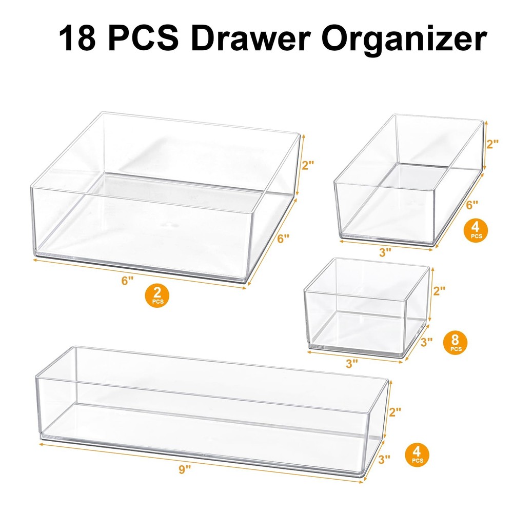 Recogwood Stackable Acrylic Drawer Organizer Set, 18 PCS Multi-Size Storage B...