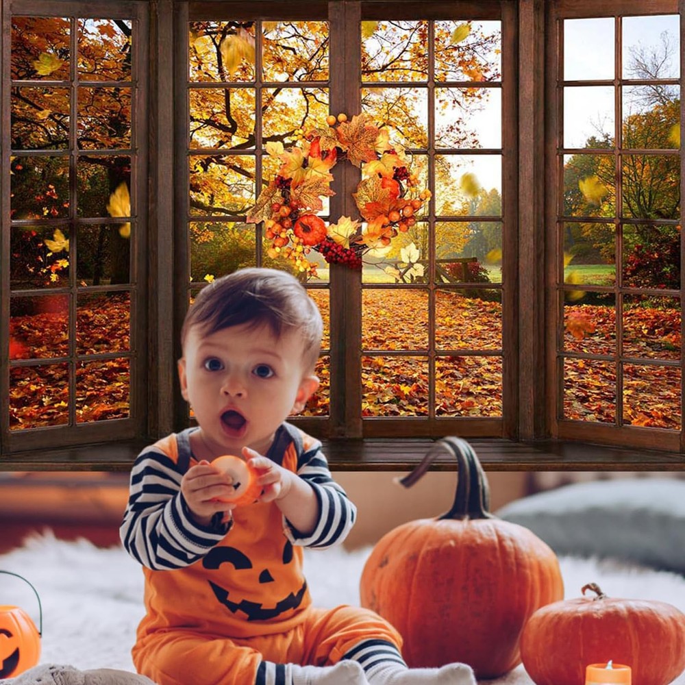 7x5ft Fall Backdrop Window Maple Leaves Fall Forest Photography Backdrop Autu...