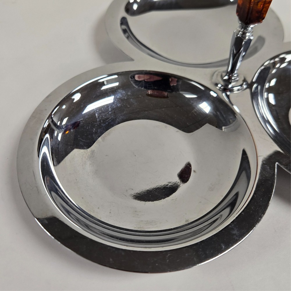 MCM Bakelite ~ Brown Marbled Handle ~ Chrome 3 Section Candy Trinket Dish