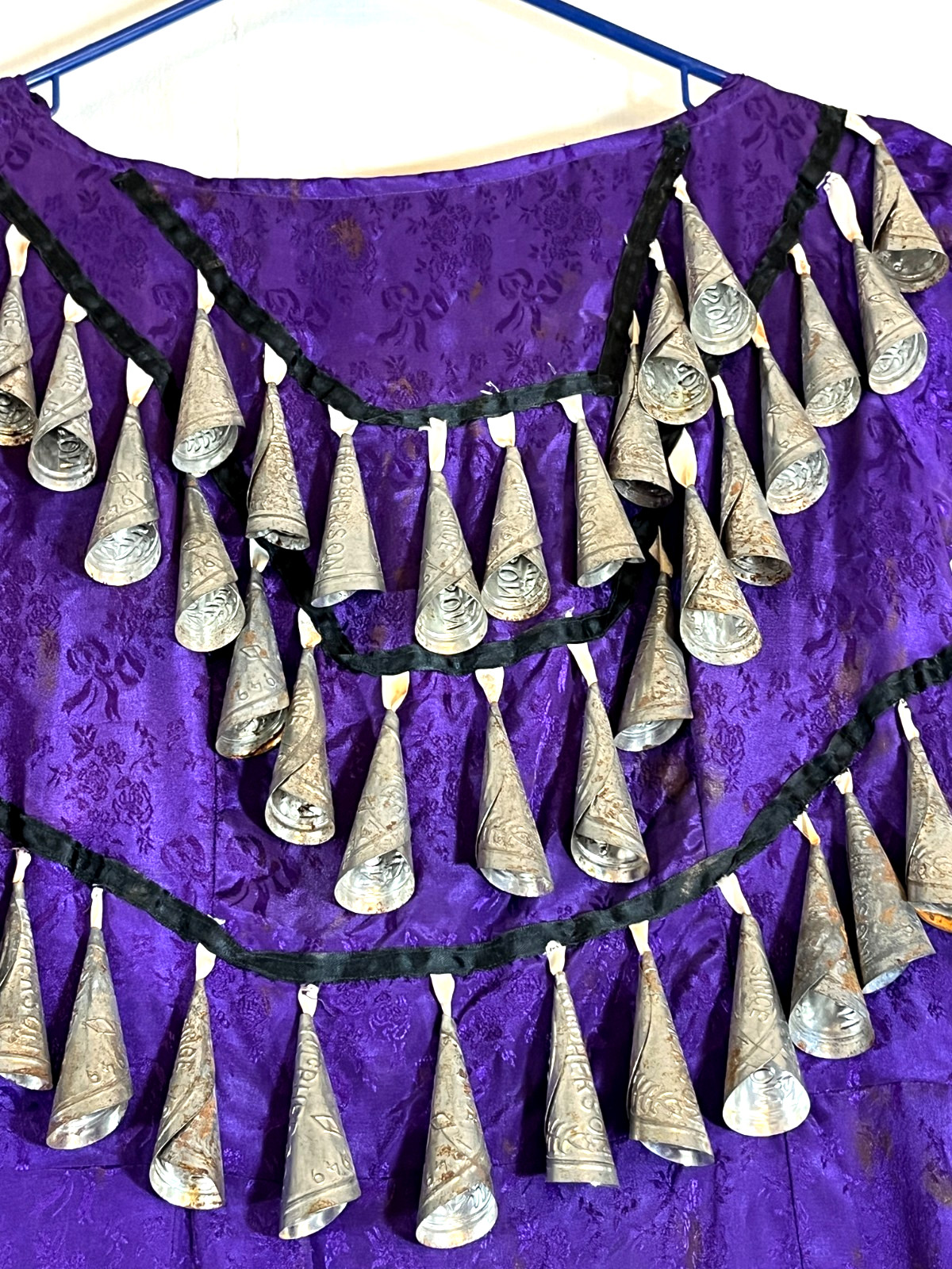 Rare Vintage Ojibwe Jingle Dance Dress Purple Brocade w/ ±175 Tin Cones 1950-60s