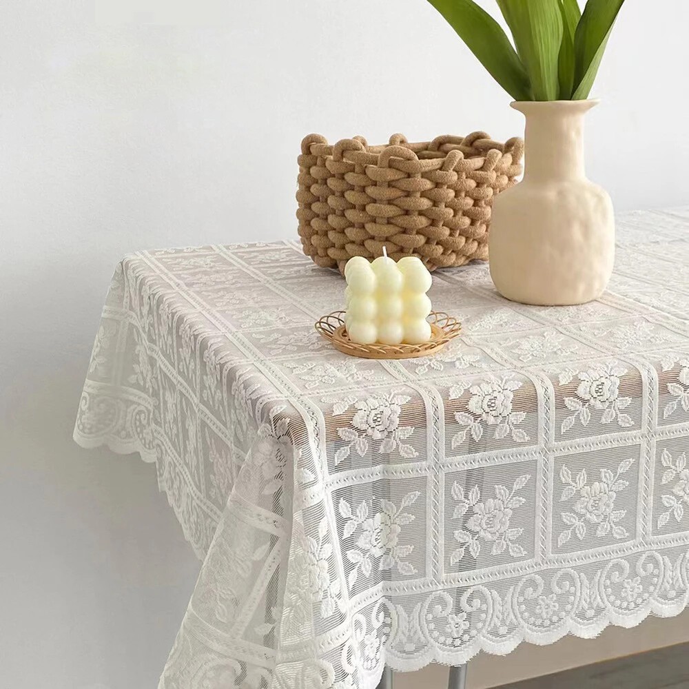 Beige Square Lace Openwork Tablecloth Retro Embroidery Table Linen Table Cover
