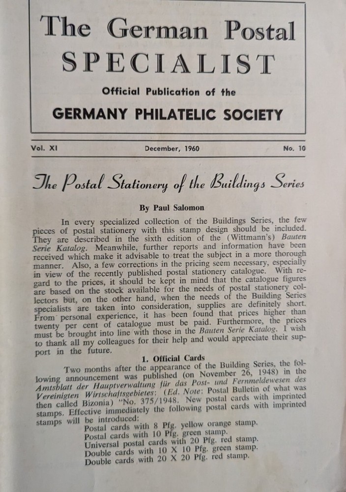 German Postal Specialist Dec 1960 German POs Palestine  Bldg Series Stationary