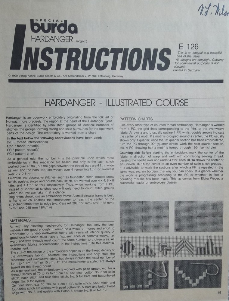 Special Burda Issue - Hardanger - German with Inserts/Directions - MAGAZINE E126