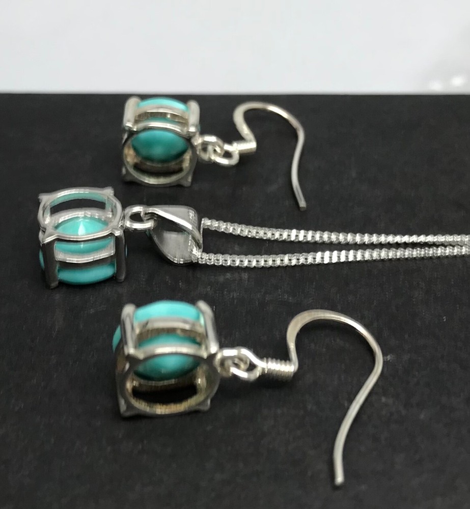 turquoise drop earrings pendant set solid Sterling Silver natural Round. Box.