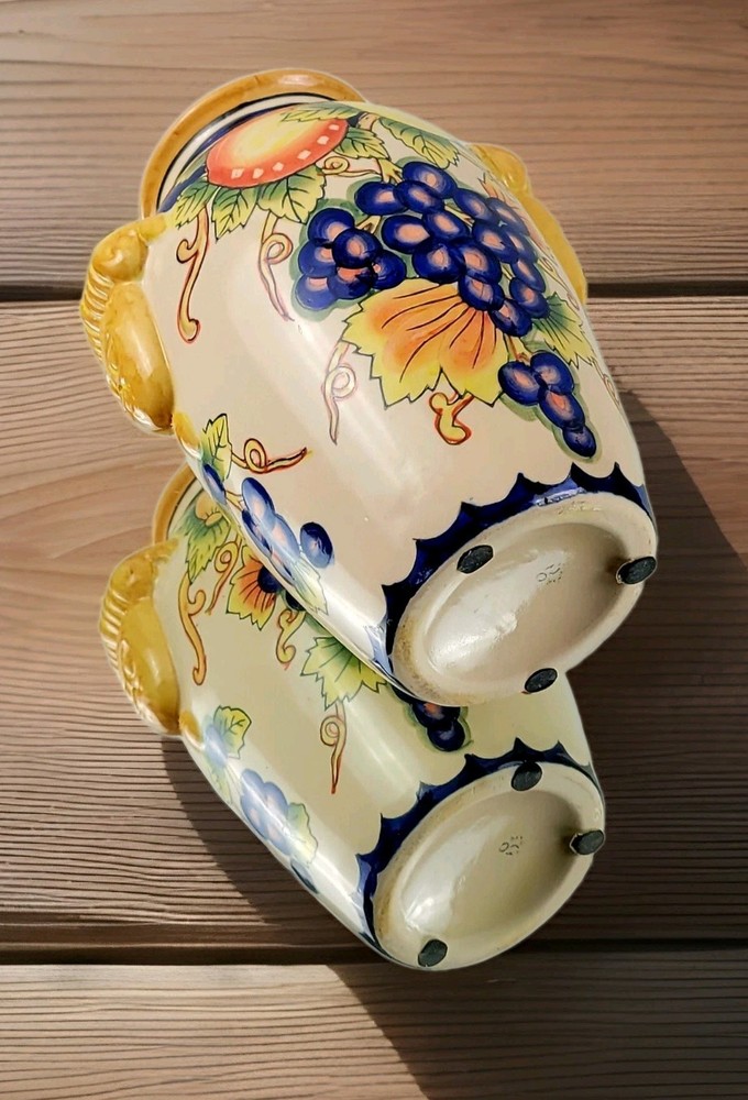 Decorative Vase - Hand-painted Fruit Pattern, Sculpted Handles