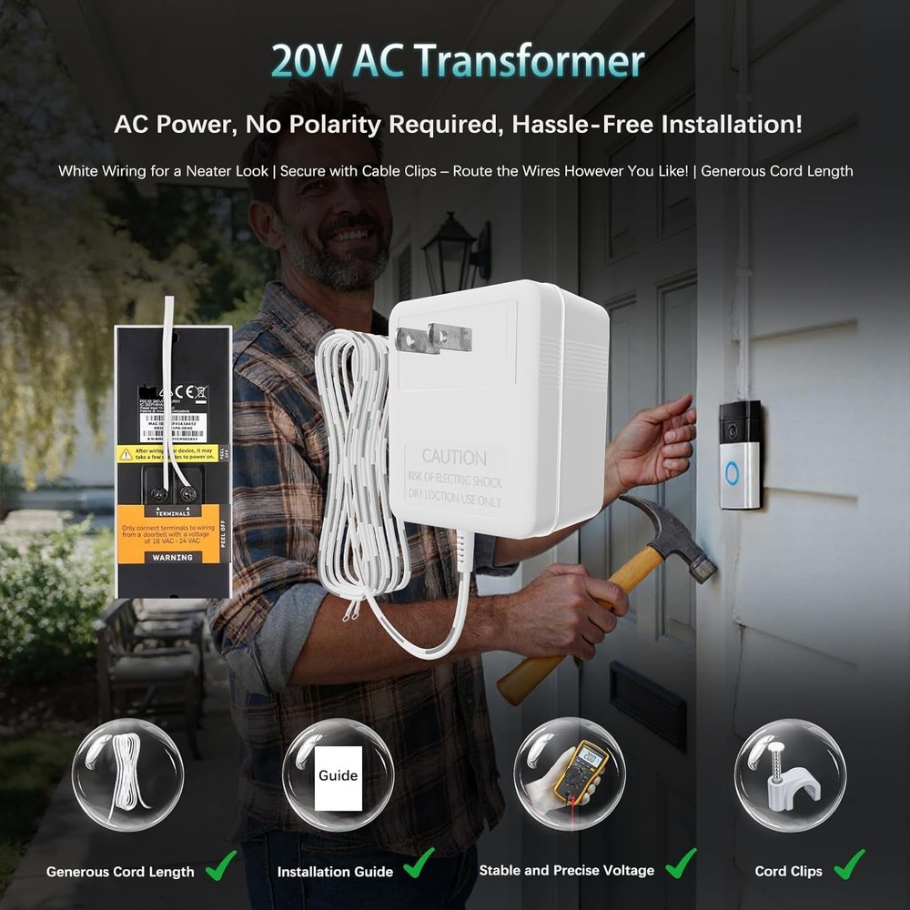 Easy Install 20VAC Ring Video Doorbell Transformer - Wall Mount Design