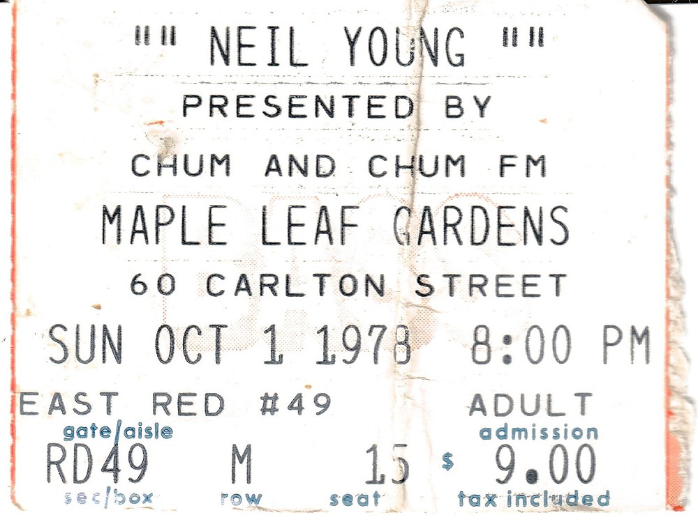 Neil Young • Concert Ticket Stub – October 1, 1978 – Maple Leaf Gardens, Toronto