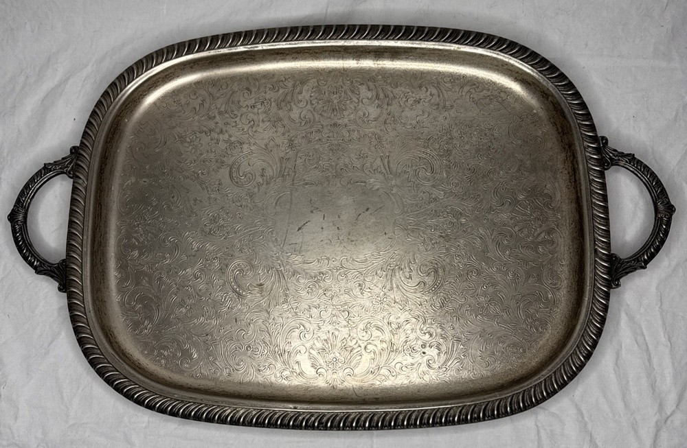 Leonard Silverplate Footed Serving Tray Ornate Engraved Floral Handles Rope Edge