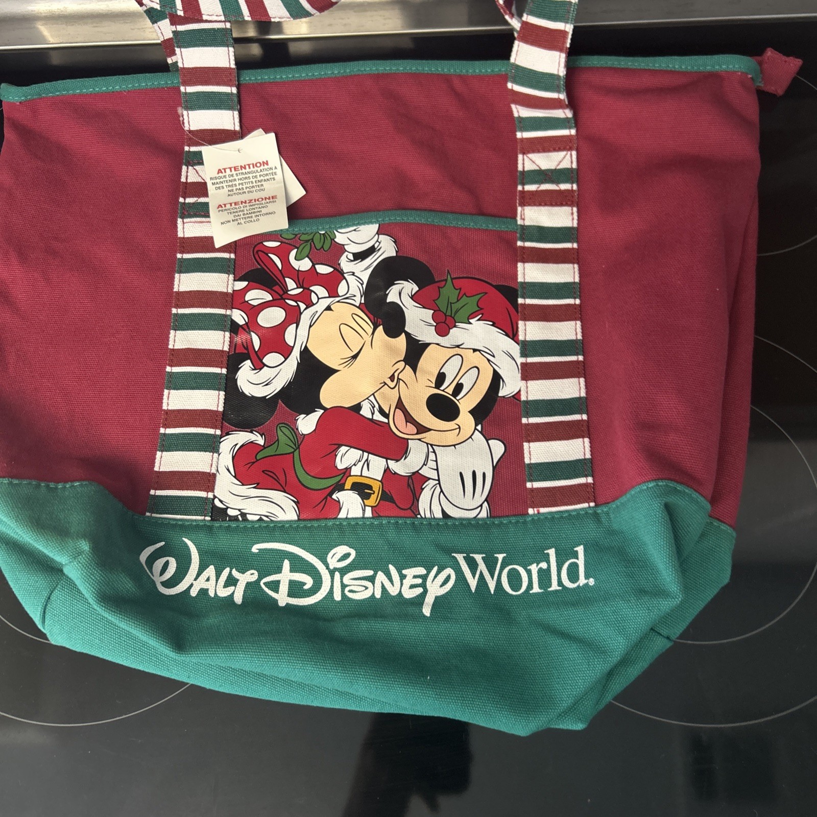 Walt Disney World Mickey & Minnie Mouse Christmas Canvas Tote Bag w/ Zipper NEW