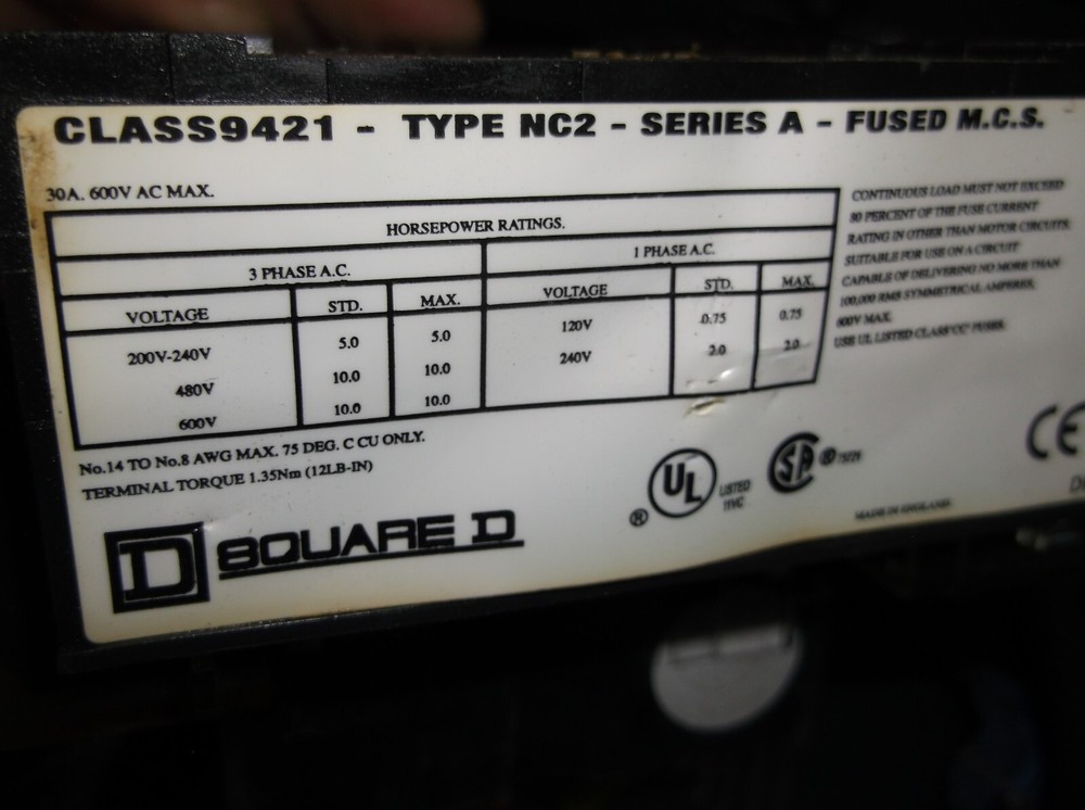 SQUARE D CLASS 9421 TYPE NC2 DISCONNECT SWITCH 30A 600V (V3)