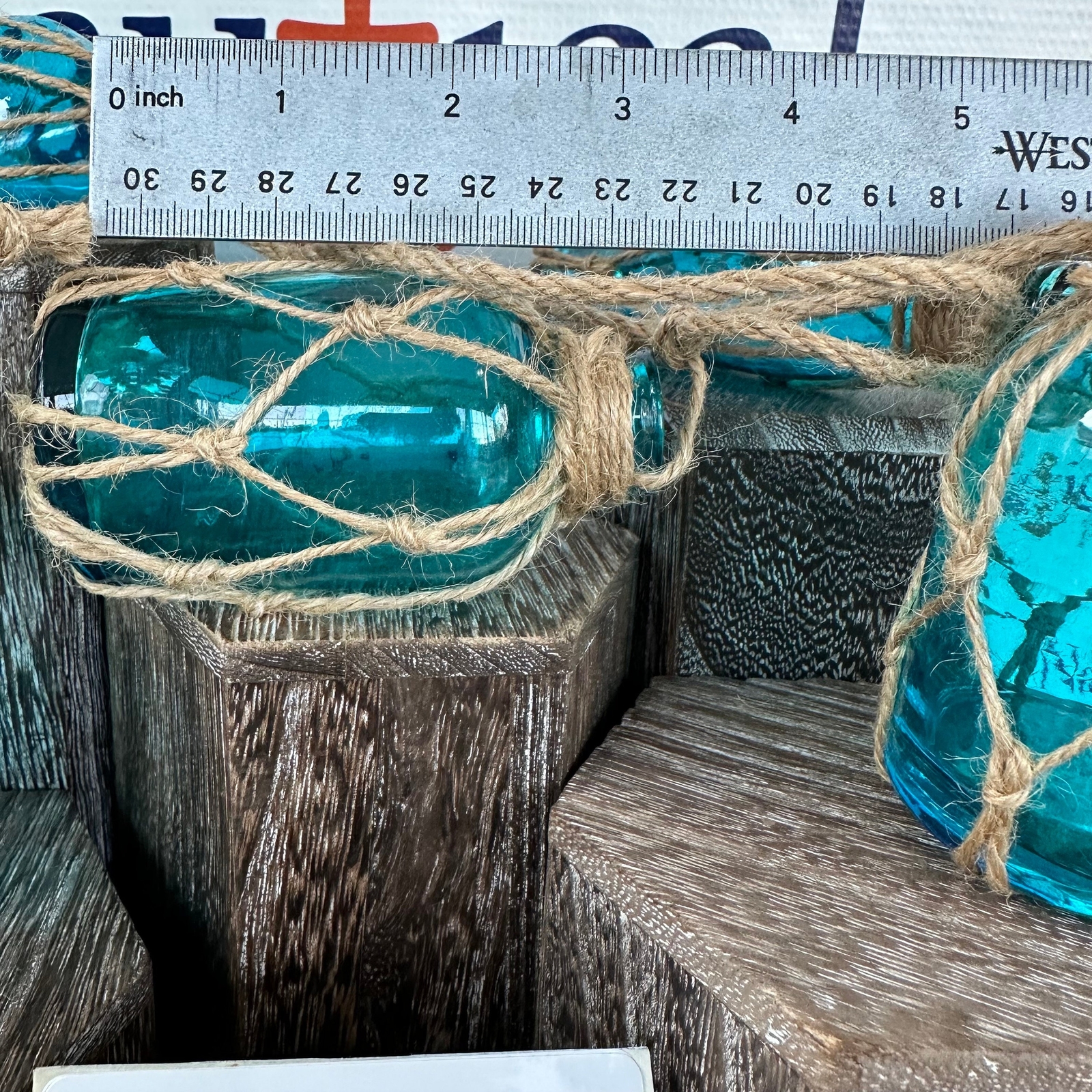 5 - Aqua Glass Bottles On Rope - Nautical Fish Net Buoy Ball Floats, Beach Decor