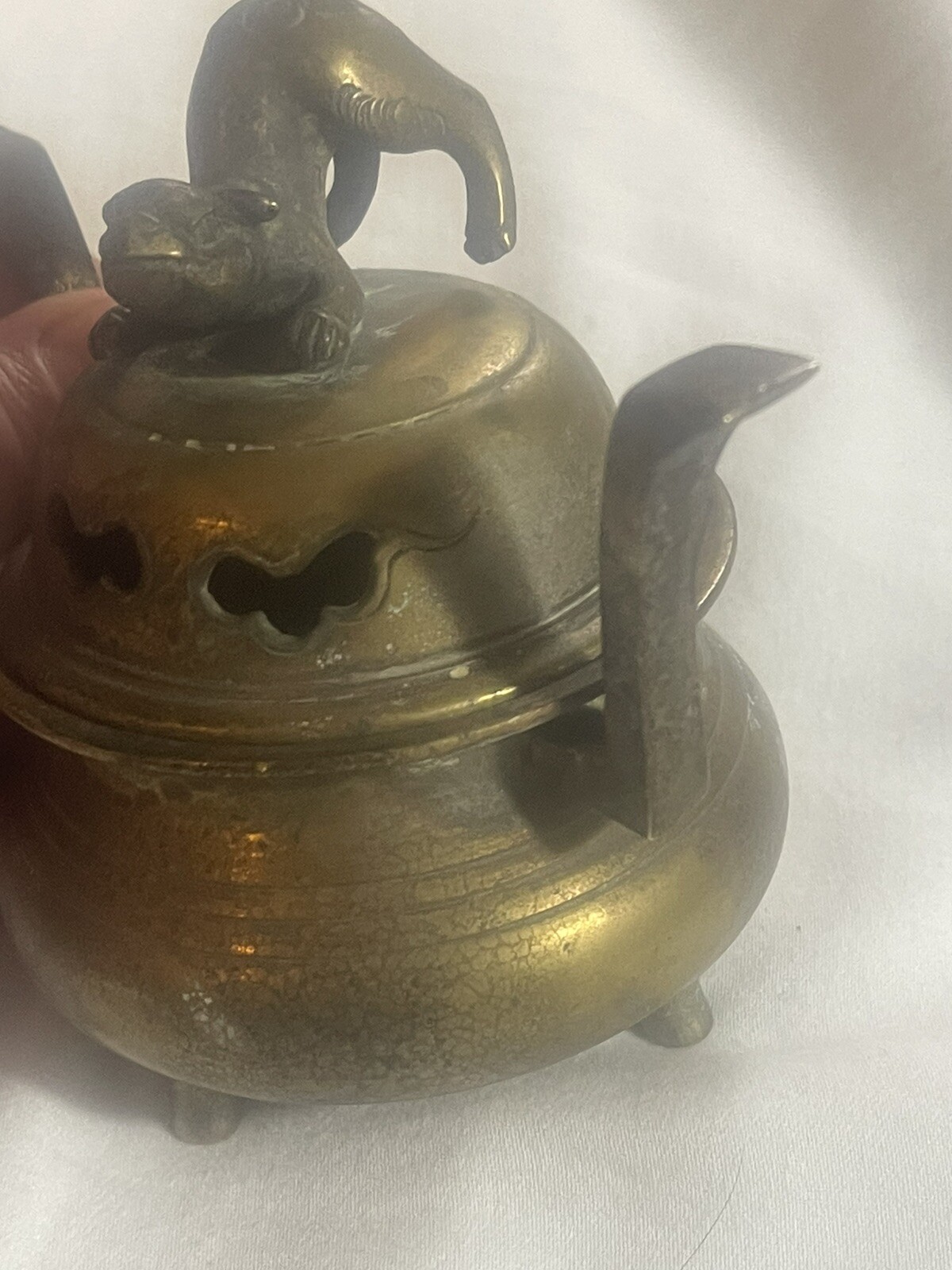 Antique Solid Brass Chinese Foo Dog Sensor Incense Burner Guardian Lion